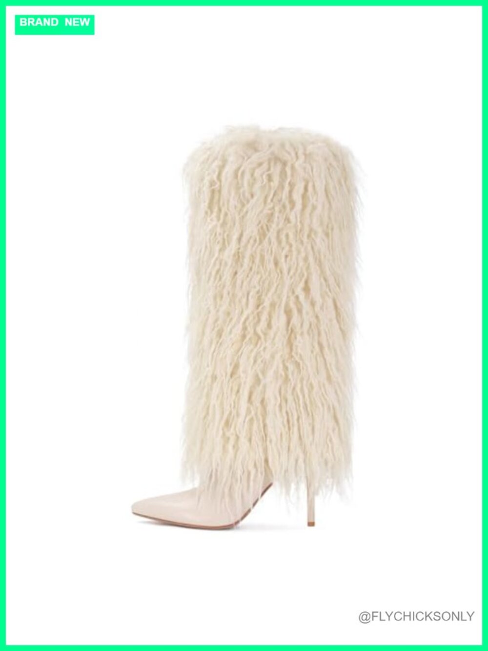 Faux Fur Knee High Boots Pointed Toe Stiletto Heel Fold Over Wide Calf